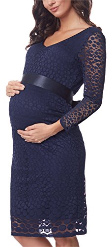 Be Mammy Elegante Vestido Premamá de Encaje Embarazo Manga 3/4 Ropa Verano BE20-209 (Azul Marino, S)