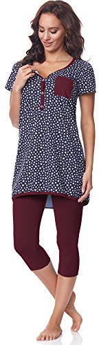 Be Mammy Pijama Premamá Camiseta y Leggins 3/4 Embarazo Lactancia BE20-177 (Azul Marino-Estrellas-Burdeos, XXL)