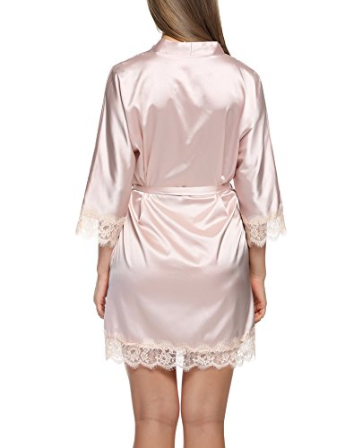 BeautyUU – Albornoz para mujer, satén sexy, kimono con bolsillos, corto, túnica con cinturón, camisón de noche para novia con encaje de flores 1 a Champán. S