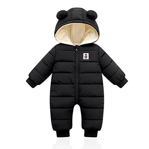 Bebé Invierno Mamelucos con Capucha, Niñas Niños Ropa Traje de Nieve Manga Larga Fleece Monos Outfits Peleles Calentar Abrigo Regalos 0-3 Meses(66),Negro