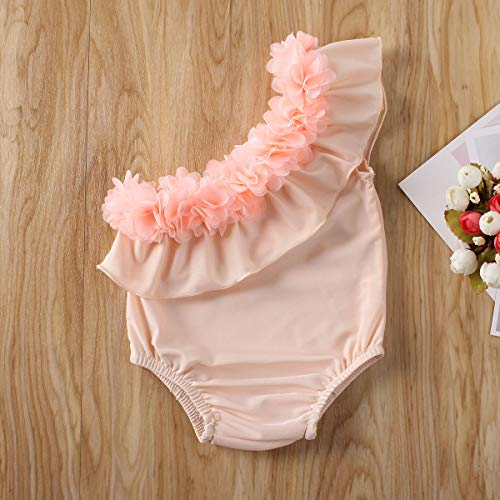 Bebé Recién Nacida Bañador de Una Pieza para Niñas Pequeñas Traje de Baño Ropa de Natación Verano de Color Liso con Volantes de Encaje y Un Hombro para Playa Piscina (Rosa, 18-24 Meses)