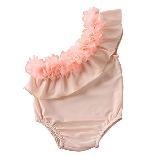 Bebé Recién Nacida Bañador de Una Pieza para Niñas Pequeñas Traje de Baño Ropa de Natación Verano de Color Liso con Volantes de Encaje y Un Hombro para Playa Piscina (Rosa, 18-24 Meses)
