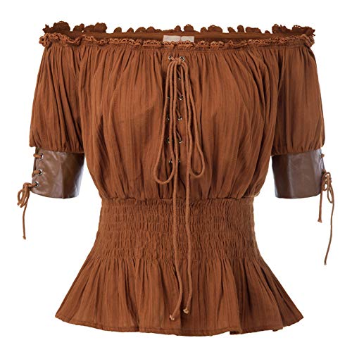 Belle Poque Blusa Steampunk de Manga Combinado Piel Sintético para Mujer XL Marrón