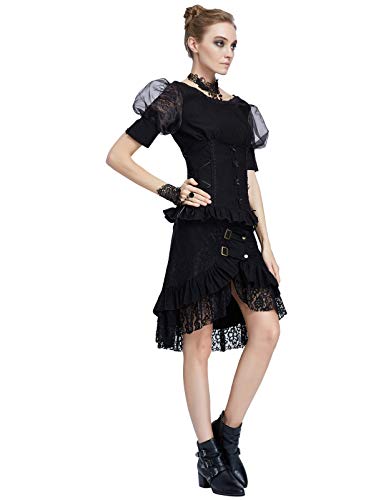 Belle Poque Falda Steampunk Asimétrica de Encaje con Botones Falda Medieval para Mujer M Negro