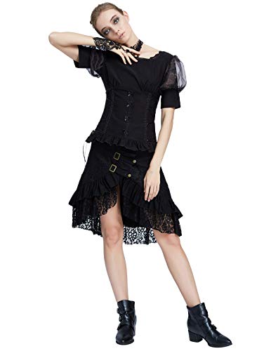 Belle Poque Falda Steampunk Asimétrica de Encaje con Botones Falda Medieval para Mujer M Negro