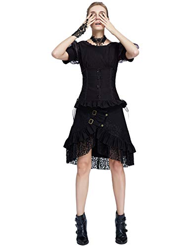 Belle Poque Falda Steampunk Asimétrica de Encaje con Botones Falda Medieval para Mujer M Negro