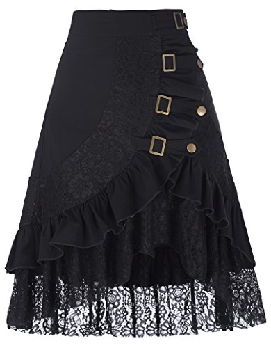 Belle Poque Falda Steampunk Asimétrica de Encaje con Botones Falda Medieval para Mujer M Negro