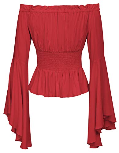 Belle Poque Mujer Tops Elegante Victoriano Medieval con Manga Larga Acampanada sin Hombro (L, Rojo)