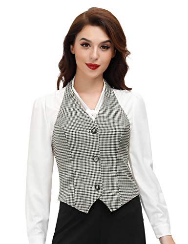 Belle Poque Ropa de trabajo elegante para mujer Formal Business 50s Halter Traje con cuello en V Chaleco Grid-2 (Impreso) X-Large