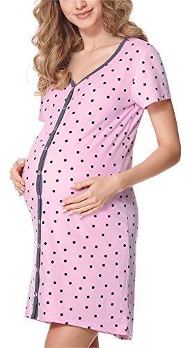 Bellivalini Premamá Camisón Vestido Lactancia Maternidad Mujer BLV50-114 (Rosa/Puntos/Grafito, S)