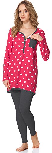Bellivalini Premamá Pijama Conjunto Camiseta y Leggins Lactancia Maternidad Mujer BLV50-125 (Rosa Corazoncitos/Grafito, XL)