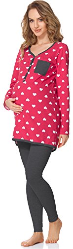 Bellivalini Premamá Pijama Conjunto Camiseta y Leggins Lactancia Maternidad Mujer BLV50-125 (Rosa Corazoncitos/Grafito, XL)