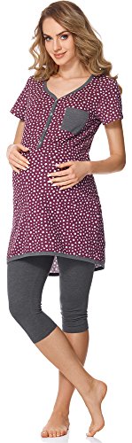 Bellivalini Premamá Pijama Conjunto Camiseta y Leggins Lactancia Maternidad Mujer BLV50-126 (Burdeos Estrellas/Grafito, L)
