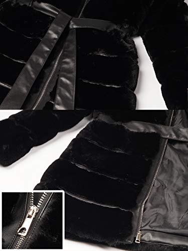 Bellivera Abrigo para Invierno de Piel Sintética con Capucha y 2 Bolsillos, 2 Colores, Abrigo de Pakar con Cinturón, Negro, XL
