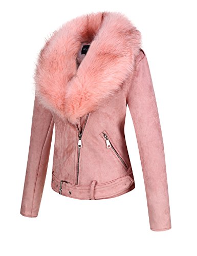Bellivera Chaqueta Corta de Gamuza Sintética para Mujeres, Chaqueta de Moto con Cuello Desmontable de Piel Sintética