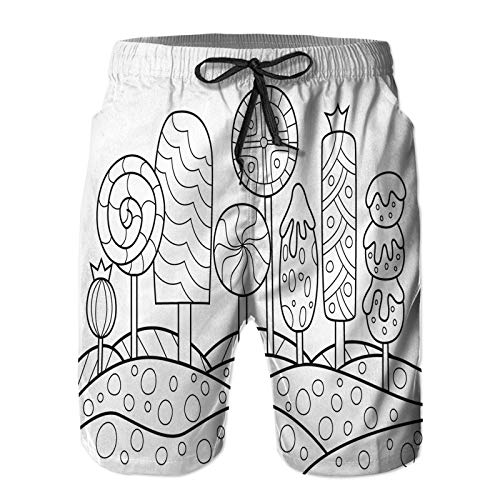 Benle Hombres Playa Bañador Shorts,Doodle esbozado antiestrés página de Libro para Colorear,Traje de baño con Forro de Malla de Secado rápido 3XL