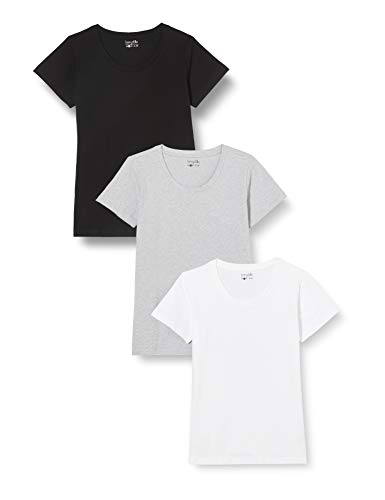 Berydale Camiseta de manga corta de mujer, con cuello redondo, pack de 3, Negro/Blanco/Gris, M