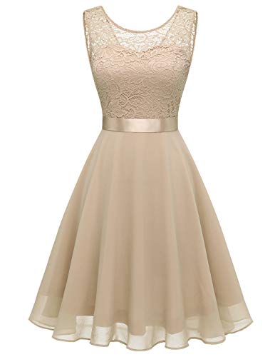 Berylove Mujer Vestido Corto de cóctel Top Falda de Encaje Columpio de Gasa para Boda de Bola BLP7005Champagne XL