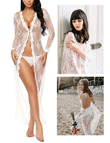 BESDEL Bata de lencería sexy para mujer [Ver a través] Vestido de noche largo de encaje Kimono Cardigan [Medio - Blanco]