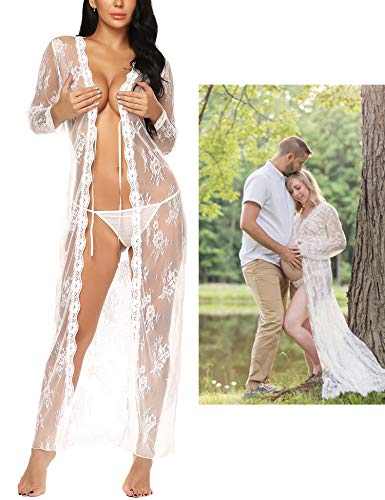 BESDEL Bata de lencería sexy para mujer [Ver a través] Vestido de noche largo de encaje Kimono Cardigan [Medio - Blanco]