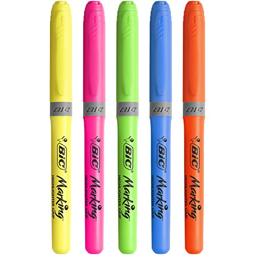 BIC Highlighter Grip Marcadores Punta Biselada - Colores Surtidos, Blíster de 3+1 - Subrayadores fluorescentes con tecnología antisecado