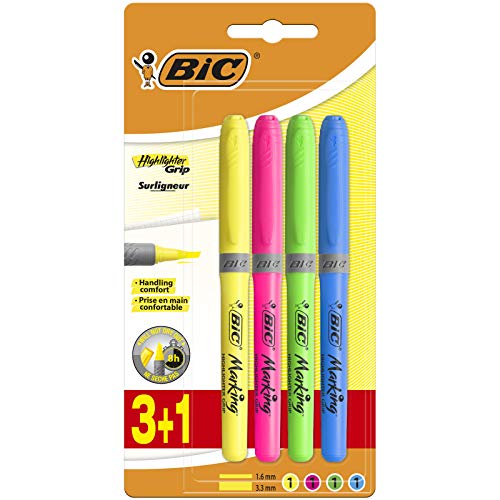BIC Highlighter Grip Marcadores Punta Biselada - Colores Surtidos, Blíster de 3+1 - Subrayadores fluorescentes con tecnología antisecado
