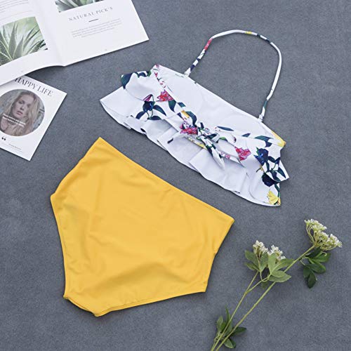 Bikini de Dos Piezas, Floral con Volantes Dividido Traje de baño,Sling para Mujer con Cintura Alta y Estampado,Hawaiano Sexy Floral,Push-up Bra,Ropa de Playa Bikinis，Colorear 3，M