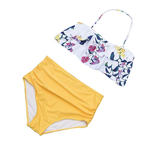 Bikini de Dos Piezas, Floral con Volantes Dividido Traje de baño,Sling para Mujer con Cintura Alta y Estampado,Hawaiano Sexy Floral,Push-up Bra,Ropa de Playa Bikinis，Colorear 3，M