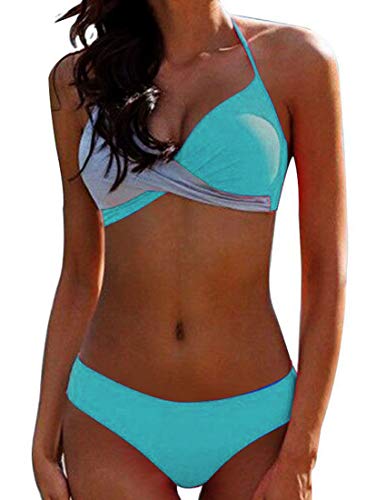 Bikini Elegante Traje de Baño Conjunto Bañador Halter Sexy Sólido para Mujer Ropa de Playa Traje de Baño Bikini Sets Talla Grande (Verde, M)