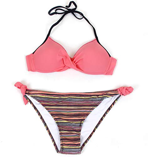 Bikini Halter Push Up Triangulo sin Tirantes Mujer con Relleno Rayas Flores Trajes de Baño de Dos Piezas Biquini Vikini Bikinis Señora Bañador Piscina Playa Trikini Mujeres Bañadores Natacion Rosa S