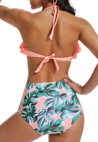 Bikini Mujer Push-up Acolchado Bra Trajes de baño una Pieza V-Cuello Vendaje Color solido1400 Rosa Small