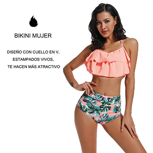 Bikini Mujer Push-up Acolchado Bra Trajes de baño una Pieza V-Cuello Vendaje Color solido1400 Rosa Small