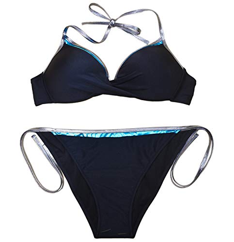 Bikini Push Up Triangulo Halter Mujer Trajes de Baño de Dos Piezas Biquini Vikini Bikinis con Relleno Señora Bañador Piscina Escote V Trikini Mujeres Bañadores Natacion Tallas Grandes Negro 2XL