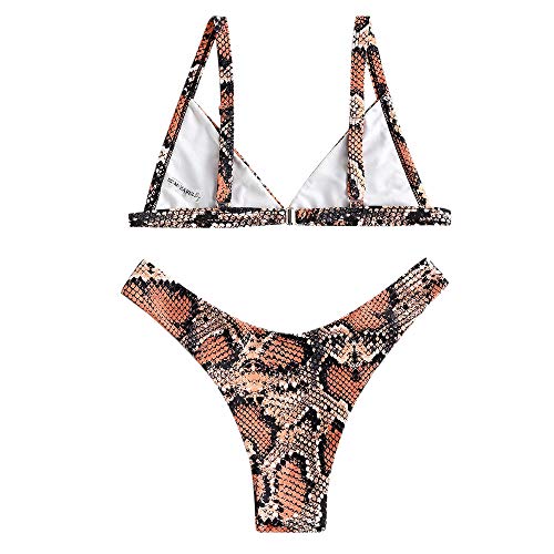 Bikini Zaful con estampado de piel de serpiente. Tiras en los laterales, gran escote en V y talle alto Naranja naranja M