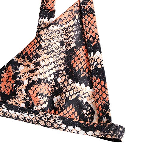 Bikini Zaful con estampado de piel de serpiente. Tiras en los laterales, gran escote en V y talle alto Naranja naranja M