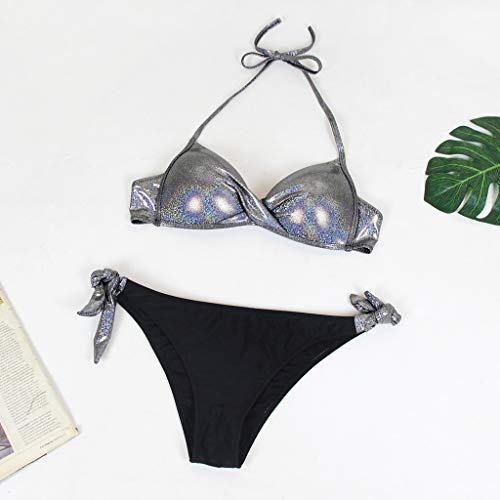 Bikinis con Lentejuelas para Mujeres Traje de baño Conjuntos Bikini brasileño con Push up en Biquinis Sexy Plateado XL