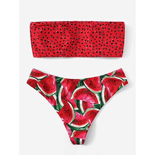 Bikinis Mujer 2019 Brasileños SHOBDW Sexy Traje de Baño Mujer Dos Piezas Conjunto de Bikini Push Up Tanga Bra Bandeau Rojo Sandía Playa Bañadores de Mujer Cintura Alta(Rojo,S)