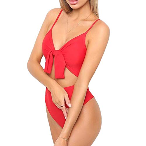 Bikinis Mujer 2019 SHOBDW Color Sólido Conjunto de Bikini Push Up Traje de Baño Mujer Una Pieza Talle Alto Tanga Mujer Nudo de Corbata Acolchado Bra Bañadores de Mujer Sexy(Rojo,S)