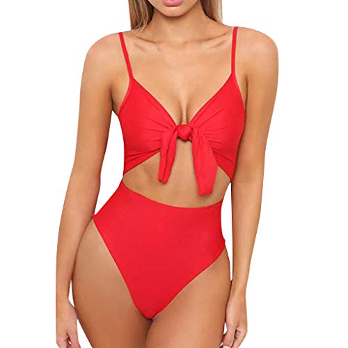 Bikinis Mujer 2019 SHOBDW Color Sólido Conjunto de Bikini Push Up Traje de Baño Mujer Una Pieza Talle Alto Tanga Mujer Nudo de Corbata Acolchado Bra Bañadores de Mujer Sexy(Rojo,S)
