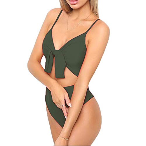 Bikinis Mujer 2019 SHOBDW Color Sólido Conjunto de Bikini Push Up Traje de Baño Mujer Una Pieza Talle Alto Tanga Mujer Nudo de Corbata Acolchado Bra Bañadores de Mujer Sexy(Verde,L)
