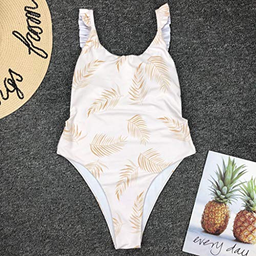 Bikinis Mujer 2019 SHOBDW Traje de Baño Mujer Una Pieza Vintage Bañadores de Mujer Push Up Bikinis Monokini Sexy Floral Ruffle Bañador Espalda Descubierta(Blanco,M)