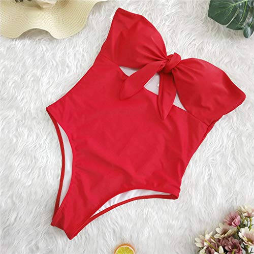 Bikinis Mujer 2019 SHOBDW Traje de Baño Mujer Una Pieza Vintage Bañadores de Mujer Sin Tirantes Push Up Bikinis Monokini Solid Arco Vendaje Bañador Espalda Descubierta(Rojo,M)