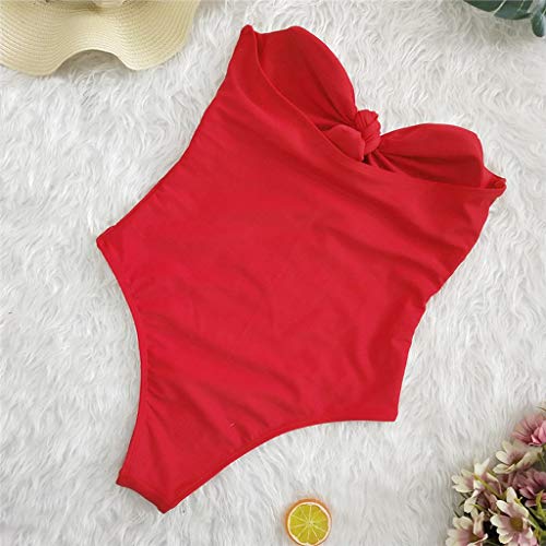 Bikinis Mujer 2019 SHOBDW Traje de Baño Mujer Una Pieza Vintage Bañadores de Mujer Sin Tirantes Push Up Bikinis Monokini Solid Arco Vendaje Bañador Espalda Descubierta(Rojo,M)