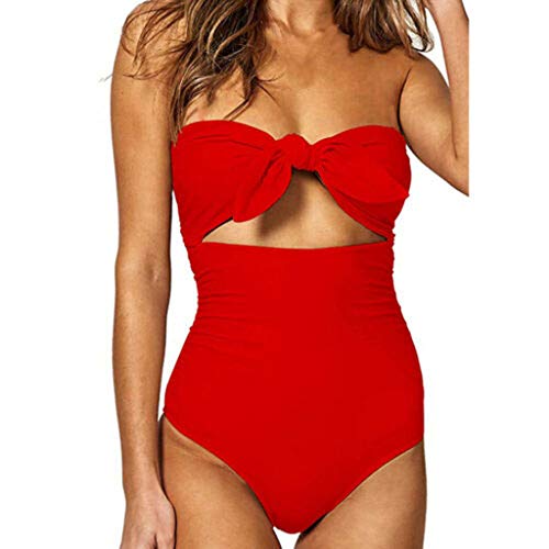 Bikinis Mujer 2019 SHOBDW Traje de Baño Mujer Una Pieza Vintage Bañadores de Mujer Sin Tirantes Push Up Bikinis Monokini Solid Arco Vendaje Bañador Espalda Descubierta(Rojo,M)