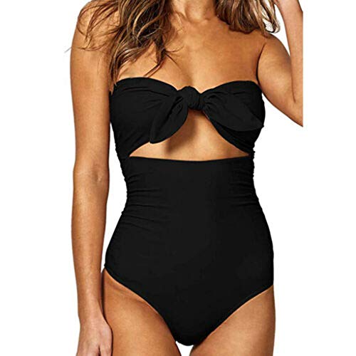 Bikinis Mujer 2019 SHOBDW Traje de Baño Mujer Una Pieza Vintage Bañadores de Mujer Sin Tirantes Push Up Bikinis Monokini Solid Arco Vendaje Bañador Espalda Descubierta(Negro,XL)