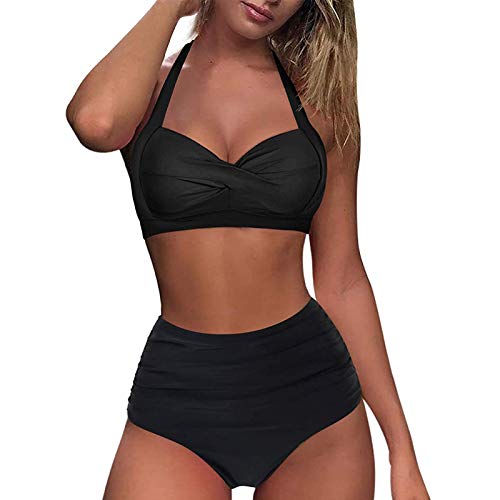 Bikinis Mujer Conjunto V-Cuello Halter Bañadores Natacion Ajustable 2021 Verano Adolescentes Chica Llanura Colores Playa Top y Tanga de Cintura Alta Trajes de Baño Dos Piezas