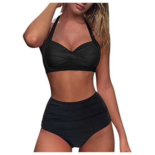Bikinis Mujer Conjunto V-Cuello Halter Bañadores Natacion Ajustable 2021 Verano Adolescentes Chica Llanura Colores Playa Top y Tanga de Cintura Alta Trajes de Baño Dos Piezas