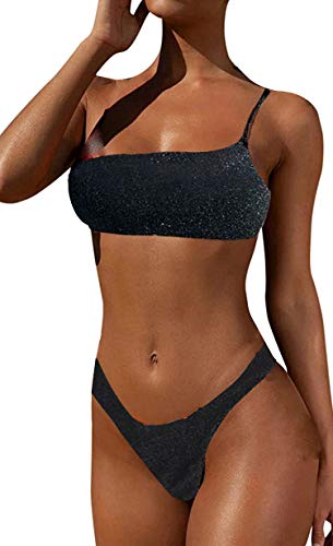 Bikinis para Mujer de Un Hombro Traje de Baño de Cristal Brillante Bañador Top de Tubo