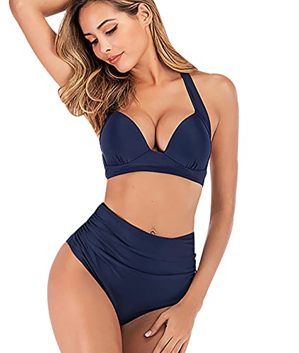 Bikinis Talle Alto Rayas Mujer Push Up Bañadores Mujer Bañador Natacion Mujer Tankini Gordita Conjunto Bikini Flores Playa Cintura Alta Talle Grande Trikini Swimwear Women Traje de Baño Mujer Armada L