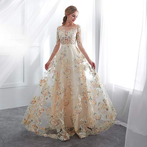 BINGQZ Vestido Fiesta Noche/Coctel/Casual Vestidos de Fiesta Florales de Encaje 3/4 Mangas una línea de cinturón de champán Imperio Cintura Vestidos de Noche Largos Vestido De Formatura